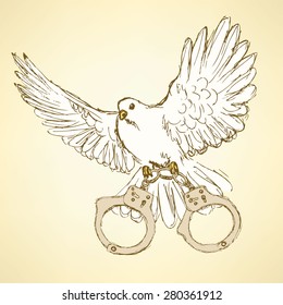 Sketch dove with handcuffs in vintage style, vector