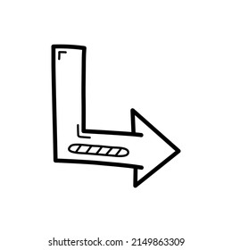 Esbozo de flecha abajo a la izquierda. Icono de doodle dibujado a mano. Símbolo de signo. Vector.