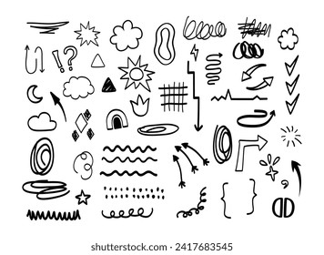 Esbozo y dibujo de signos, símbolos, elementos. Doodle.Fondo. Aislado. Dibujos y dibujos para niños. Disputas abstractas. Tiros. Dibujo manual. Tendencias. Líneas horizontales y verticales