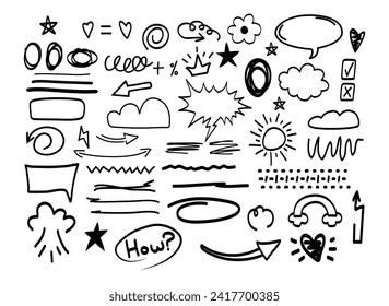 Sketch and draft of signs, symbols, elements. Doodle. White background. Isolated. Arrows, sun, crown, lines, air, exhaust, hearts, stars, sparks, fireworks, speech bubbles, check mark, cross, waves