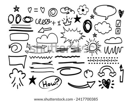 Sketch and draft of signs, symbols, elements. Doodle. White background. Isolated. Arrows, sun, crown, lines, air, exhaust, hearts, stars, sparks, fireworks, speech bubbles, check mark, cross, waves