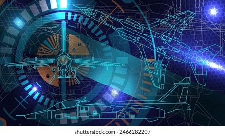 El bosquejo del avión de combate. Fondo de pantalla de fondo de arte lineal. Estilos tecnológicos futuristas.