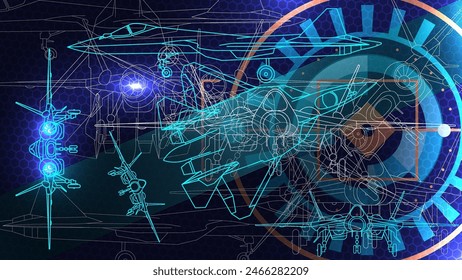 The sketch drafting of jet fighter. Line art background wallpaper. Futuristic technology styles.