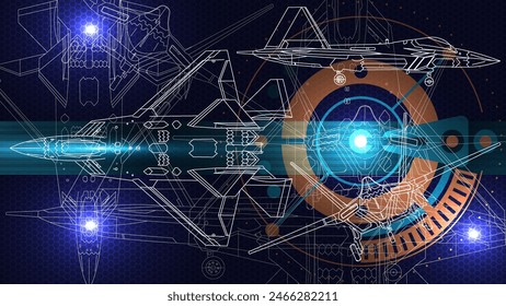 The sketch drafting of jet fighter. Line art background wallpaper. Futuristic technology styles.