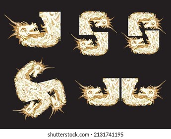 Sketch of dragon symbols in pastel tones on a black background. Golden dragon symbols in the form of letters or jewelry for textiles or prints, wallpaper and fabric, fashion trends, interior solutions