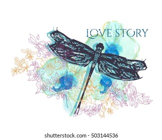 Sketch dragonfly with flowers on abstract background.
