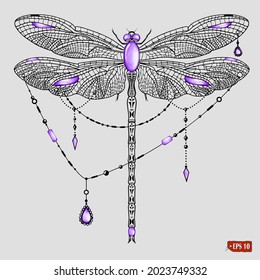 Sketch of dragonfly with gemstone beads. Hand drawn ink vector illustration of insect and jewelry. Elements for label design, jewelry store, tattoo.