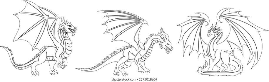 sketch dragons with wings on a white background, vector