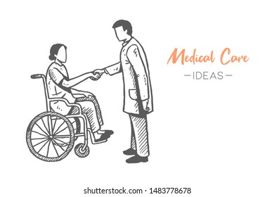 Sketch draw of elderly paralyzed female patient in wheelchair visited by young male doctor at hospital. Healthcare hand drawn concept. Isolated vector illustration design with white background