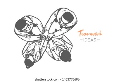 Sketch draw group of male and female doctors holding their hands up together as symbol a teamwork. Healthcare hand drawn concept. Isolated vector illustration design with white background