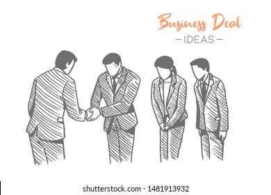 Sketch draw of investor get handshake and bow gesture from Japanese business owner and his employees. Business deal hand drawn concept. Isolated vector illustration design with white background