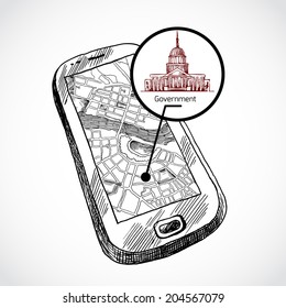 Sketch Draw Smartphone With Navigation Map And Find Government Building Vector Illustration