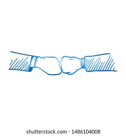Sketch draw of two arms bumping their fish hands as a symbol of cooperation and collaboration, from top view. Teamwork hand drawn concept. Isolated vector illustration design with white background