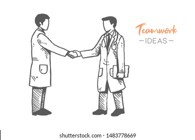 Sketch draw of two young doctors handshake and deal to commit to cure chronic sick patient at hospital. Healthcare hand drawn concept. Isolated vector illustration design with white background