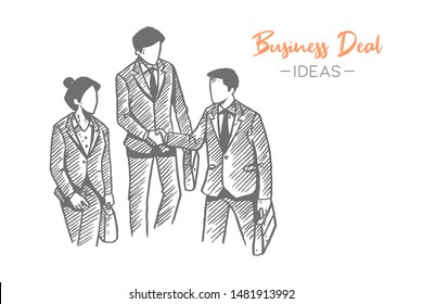 Sketch draw of two young executive meet and hand shake while walking to their respective company building. Business deal hand drawn concept. Isolated vector illustration design with white background
