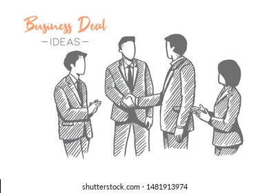 Sketch draw of two young happy sales manager handshake to agree running marketing strategy together. Business deal hand drawn concept. Isolated vector illustration design with white background