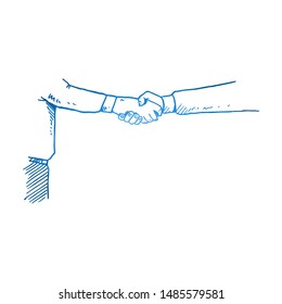 Sketch draw of two young happy businessmen handshaking as symbolic to deal big project contract. Business agreement hand drawn concept. Isolated vector illustration design with white background