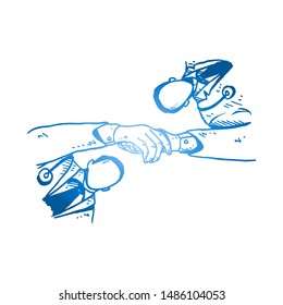 Sketch draw of two young male doctors shaking hands to agree on their collaboration to treat sick patients, from bottom view. Healthcare hand drawn concept. Isolated vector illustration design