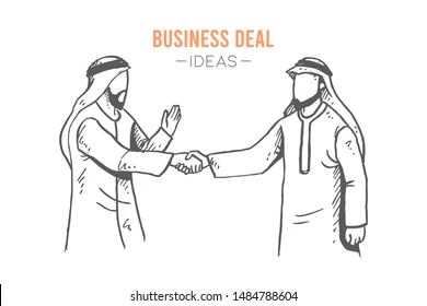 Sketch Draw Of Two Young Manager Arabia Old Friends Meet At Business Conference And Shaking Hand Together. Business Deal Hand Drawn Concept. Isolated Vector Illustration Design With White Background