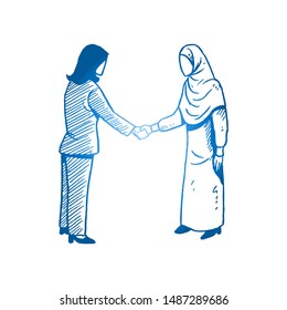 Sketch draw of young Arab director in hijab handshake and congratulate new female worker recruit. Business deal hand drawn concept. Isolated vector illustration design with white background