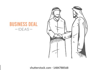 Sketch draw of young Arab entrepreneur in thawb handshake business partner to deal project together. Business agreement hand drawn concept. Isolated vector illustration design with white background