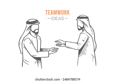 Sketch draw of young Arab manager in kandora giving high five to office colleague for the success . Business deal hand drawn concept. Isolated vector illustration design with white background