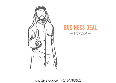 Dibujo de boceto de jóvenes gerentes árabes en la túnica oriental da gesto de apretón de manos para dar la bienvenida a nuevos empleados. Concepto elaborado a mano por el acuerdo comercial. Diseño de ilustración vectorial aislado con fondo blanco