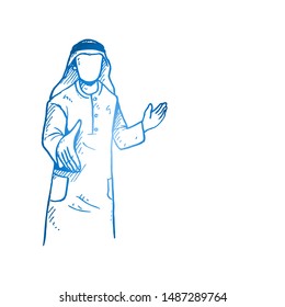 Sketch draw of young Arab manager in eastern thobe give handshake gesture to welcome new employees. Business deal hand drawn concept. Isolated vector illustration design with white background
