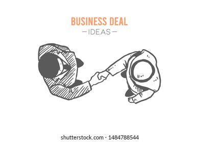Sketch draw of young Arabia businessman in thobe and his European partner handshake, from top view. Business deal hand drawn concept. Isolated vector illustration design with white background