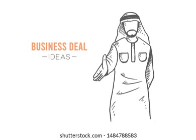 Sketch draw of young Arabia male manager give shake hands gesture to congratulate new worker recruit. Business deal hand drawn concept. Isolated vector illustration design with white background