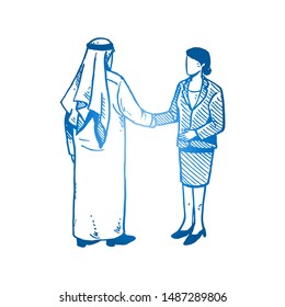 Sketch draw of young Arabia manager in kandora congratulate his work partner for the promotion. Professional career hand drawn concept. Isolated vector illustration design with white background