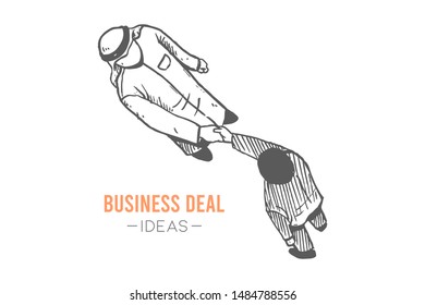 Sketch draw of young Arabian businessman in shmagh traditional cloth hand shaking his colleague. Business deal hand drawn concept. Isolated vector illustration design with white background