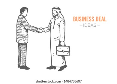 Sketch draw of young Arabian businessman handshake his business colleague at business meeting. Project deal hand drawn concept. Isolated vector illustration design with white background