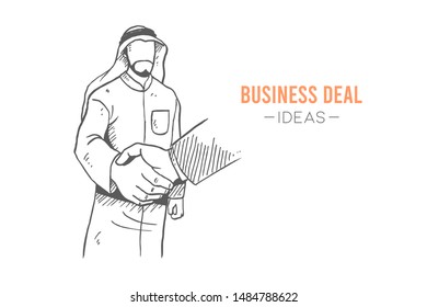 Sketch draw of young Arabian manager handshake and congratulate his colleague to the job promotion. Business deal hand drawn concept. Isolated vector illustration design with white background