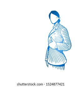 Sketch draw of young happy business woman pose standing and giving thumbs up gesture. hand drawn concept vector illustration. Success business performance Isolated design with white background