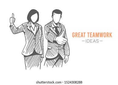 Sketch draw of young happy businessman and businesswoman pose stand giving thumbs up gesture. Great business performance hand drawn concept. Isolated vector illustration design with white background