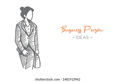 Sketch draw of young happy female manager wearing blazer walking to the office while carrying work bag. Business deal hand drawn concept. Isolated vector illustration design with white background