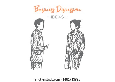 Sketch draw of young happy female and male employees discussing marketing strategy about new product launch. Business talk hand drawn concept. Isolated vector illustration design with white background
