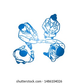 Sketch draw of young happy male doctors meet and handshake to deal project collaboration to cure ill patient. Healthcare hand drawn concept. Isolated vector illustration design with white background