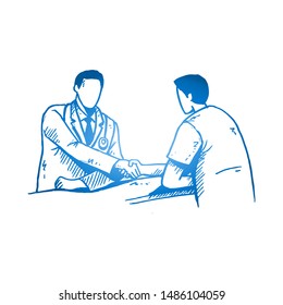 Sketch draw of young happy male doctor handshakes his patient and giving him medical and motivational support to fight the disease. Healthcare hand drawn concept. Isolated vector illustration design