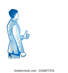 Sketch draw of young happy male manager giving thumbs up gesture. Great business performance appraisal hand drawn concept. Isolated vector illustration design with white background