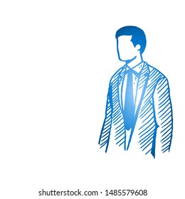 Sketch draw of young happy manager standing and wearing office suit. Company executive person hand drawn concept. Isolated vector illustration design with white background