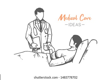 Sketch draw of young male doctor examining and consulting for health condition to the sick female patient. Healthcare hand drawn concept. Isolated vector illustration design with white background