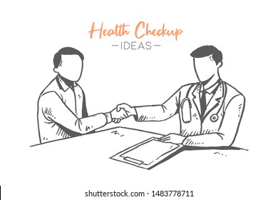 Sketch draw of young male doctor handshake the patient and congratulate him for recovering from illness. Healthcare hand drawn concept. Isolated vector illustration design with white background