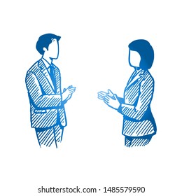 Sketch draw of young male and female employees talking and discussing marketing strategy to new product. Business deal hand drawn concept. Isolated vector illustration design with white background