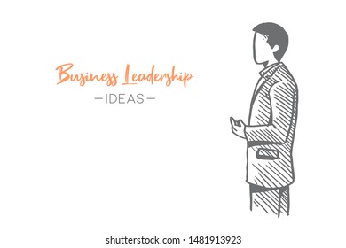 Sketch draw of young manager give short brief to his subordinate at office meeting. Business deal hand drawn concept. Isolated vector illustration design with white background