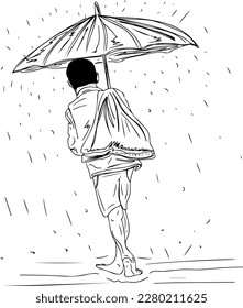 sketch drawing of "After working as a laborer in the rain without footwear, a poor boy returns home with bare feet and a full bag on his shoulder, holding an umbrella