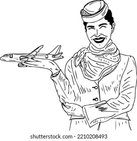 Sketch Drawing Of Air Hostess Is Holding A Small Plane In Her Hand, Airline Banner Ad Line Art Vector Illustration, Stewardess Cartoon Doodle Drawing Silhouette