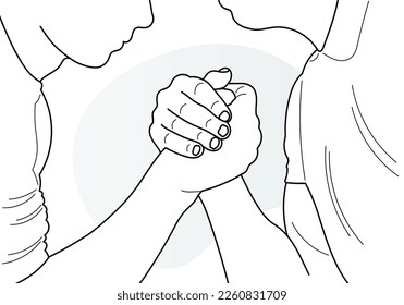 Sketch drawing in arm wrestling, powerful handshake. Muscular strong people, men, male. Two muscular arms that are wrestling.