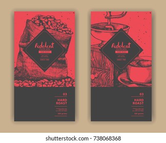 Sketch Drawing Art For Coffee Packaging Label With Red And Black Color.Use By Pen Ink.Vector And Illustration.